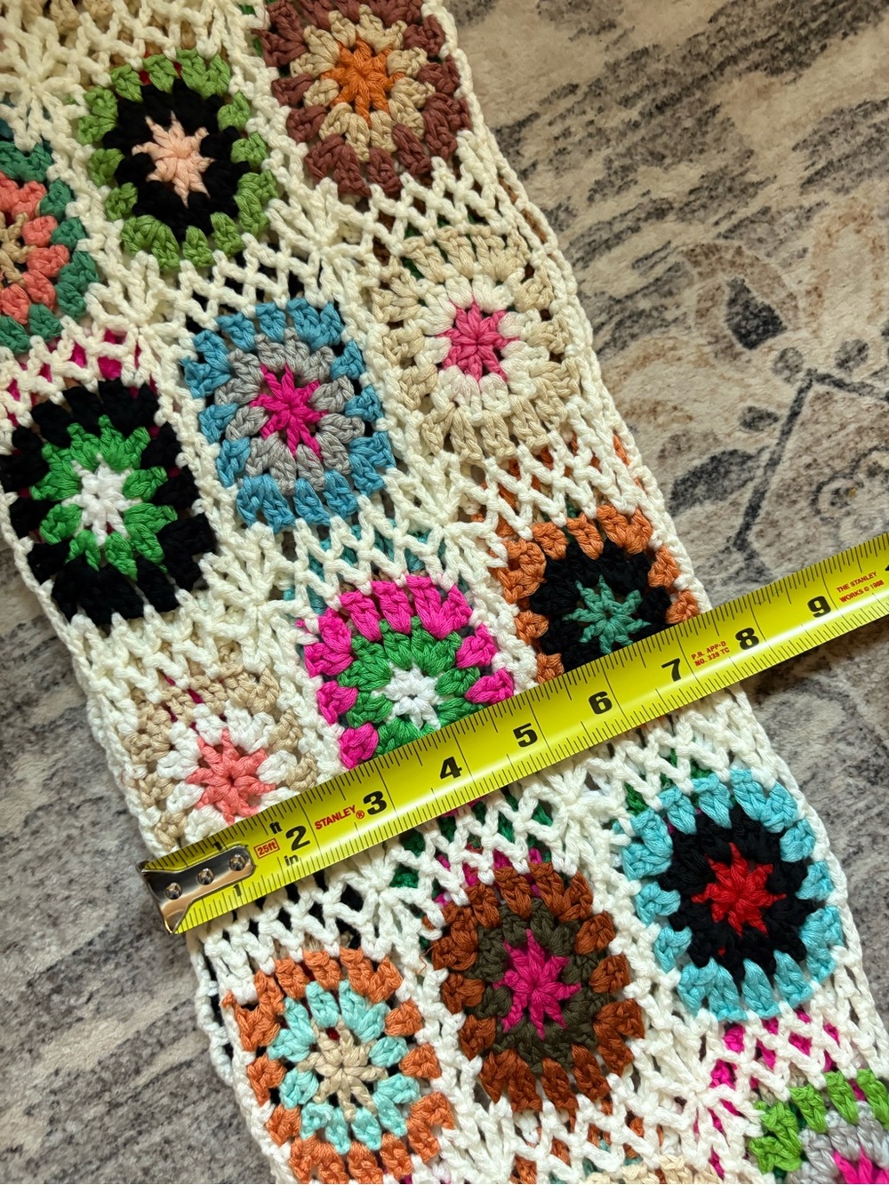 Boho Crochet Patchwork Granny Square Long Fringe festival scarf - Picture 6 of 7